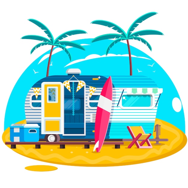 Тропический закат. туристические прицепы караваны. серфинг-трейлер с досками для серфинга на пляже. векторные иллюстрации