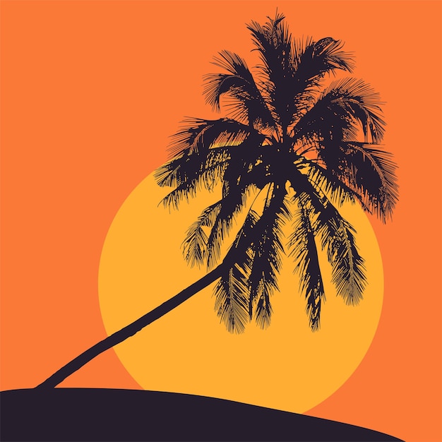 Tropical sunset. Vector illustration with palm tree.