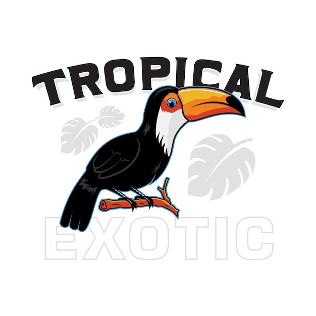 T シャツ ステッカー ポスターなどのエキゾチックなデザイン イラストの枝に熱帯オオハシ鳥立っています。