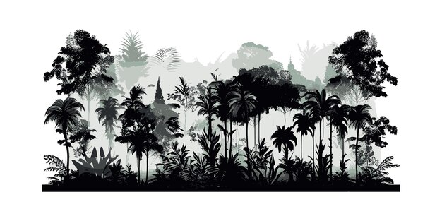 Tropical trees and leaves wallpaper design in foggy Vector illustration desing