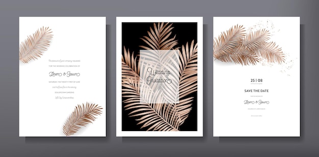 Tropical trendy greeting or invitation card template design, set of poster, flyer, brochure, cover, party advertisement, golden palm leaves in vector