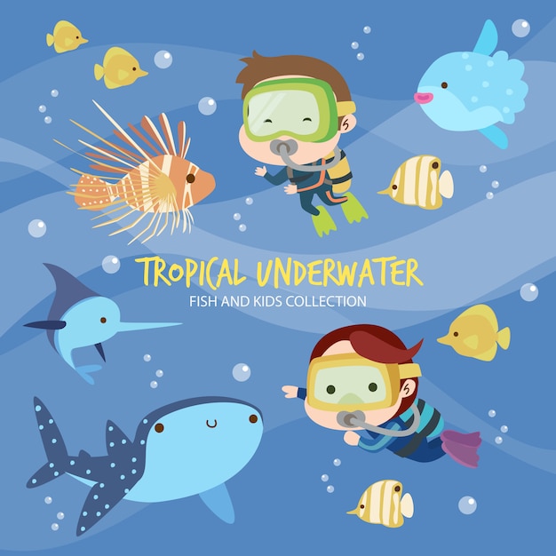 Tropical underwater fish and kids