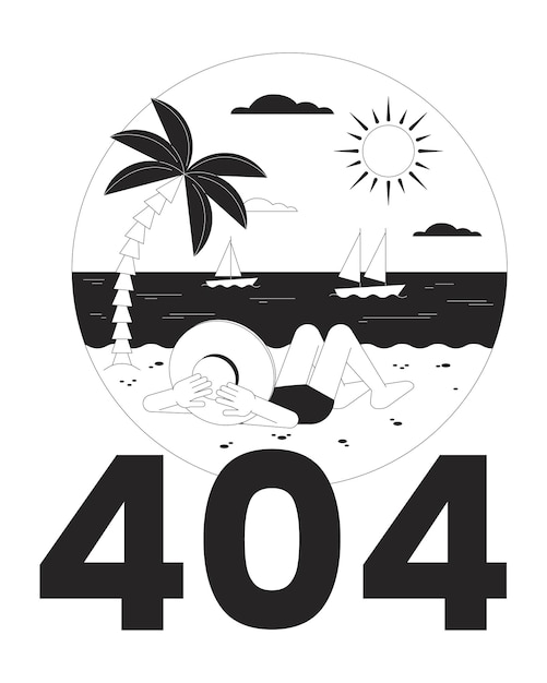 Тропические каникулы черно-белая ошибка 404 флэш-сообщение Шляпа женщина в бикини на пляже Летнее время Монохромный пустой дизайн пользовательского интерфейса Страница не найдена всплывающее мультяшное изображение Векторная плоская иллюстрация контура
