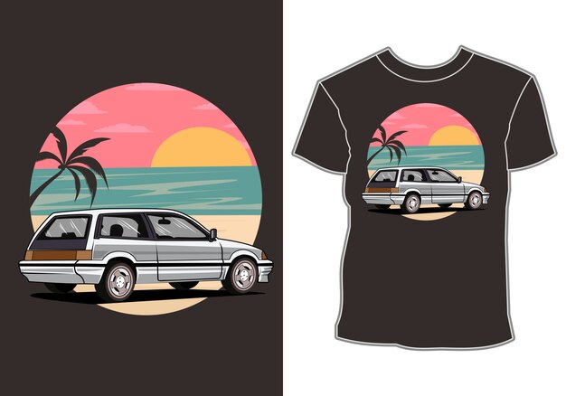 熱帯の休暇車と日没の夏の休日のシャツのデザイン