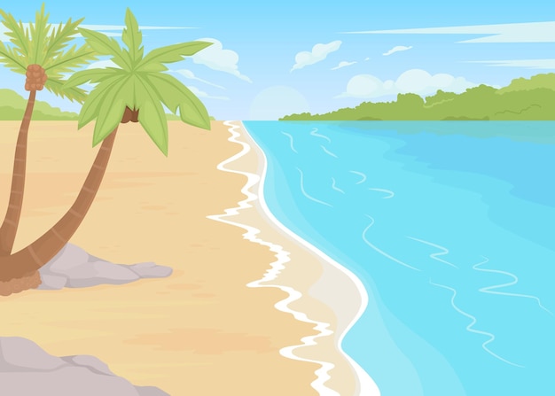 Vector tropical vacation flat color vector illustration seaside retreat summer destination outdoor entertaining area beach resort 2d simple cartoon landscape with palm trees on background