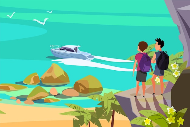 Иллюстрация тропического отдыха туристы, стоящие на скале, герои мультфильмов молодые друзья наблюдают за пляжем