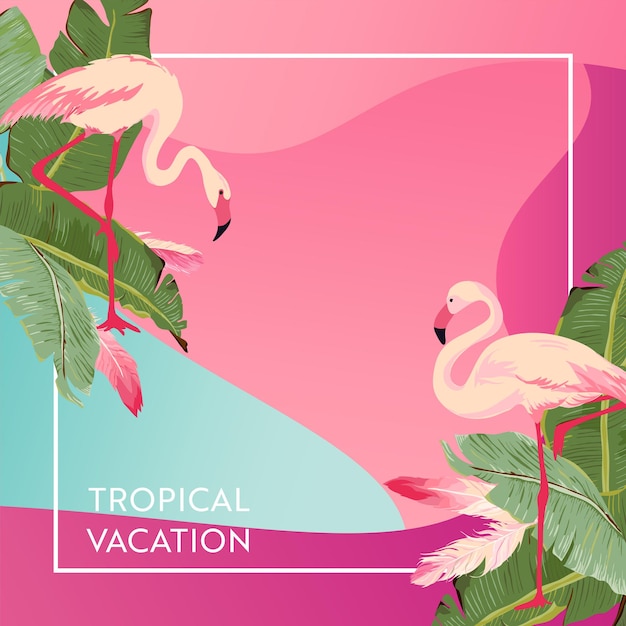 Layout vacanza tropicale con uccello fenicottero e foglie di palma per web, pagina di destinazione, banner, poster, modello di sito web. ciao estate sfondo per app mobile, social media. illustrazione vettoriale