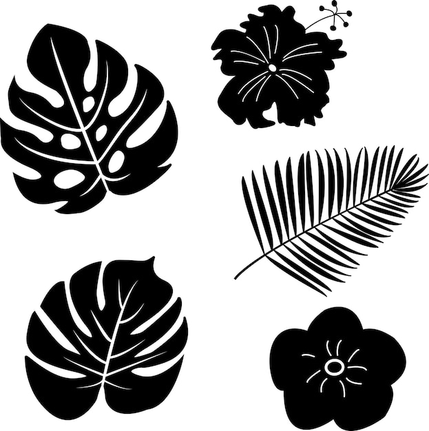 Tropical vector flowers and leaves filled. exotic plants. Icons.