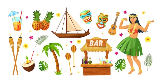 Tropical vector hawaiian beach party with traditional elements cartoon vector