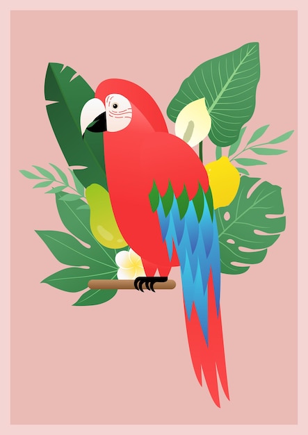 Tropical vector illustration with a parrot and plants