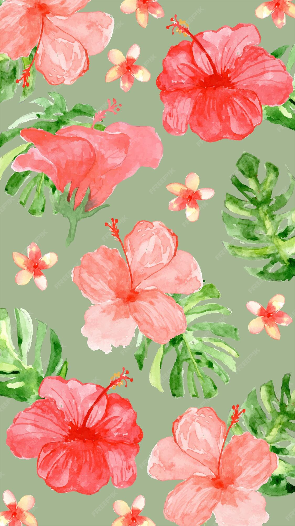 Premium Vector | Tropical vibe with red hibiscus and monstera leaf aesthetic  phone wallpaper watercolor