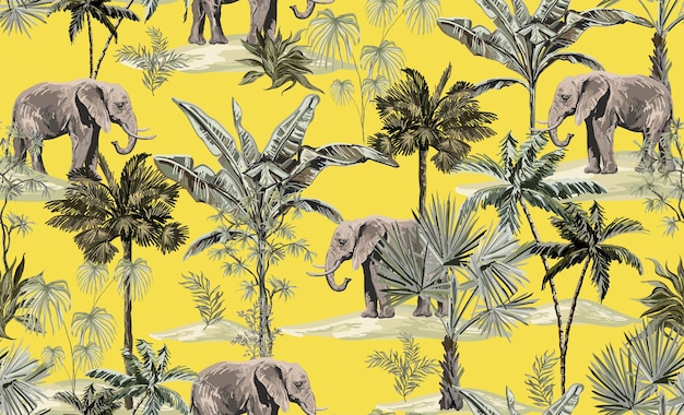 Tropical vintage botanical landscape palm tree plant palm leaves sloth giraffe elephant crane