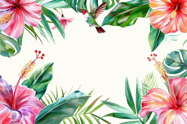 Tropical watercolor plants and flowers summer holiday banner