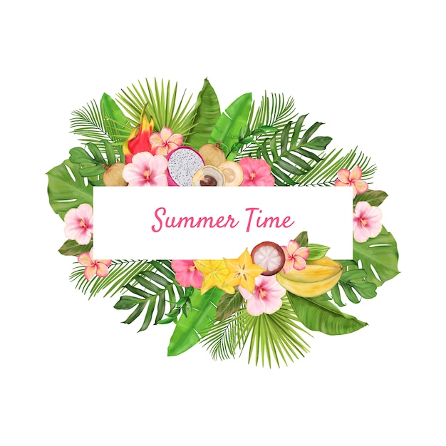 Tropical Wreath With Exotic Fruits, Flowers, Leaves