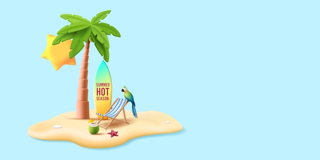 Vector tropisch eiland 3d compositie met palmboom strandstoel en parron met zeester