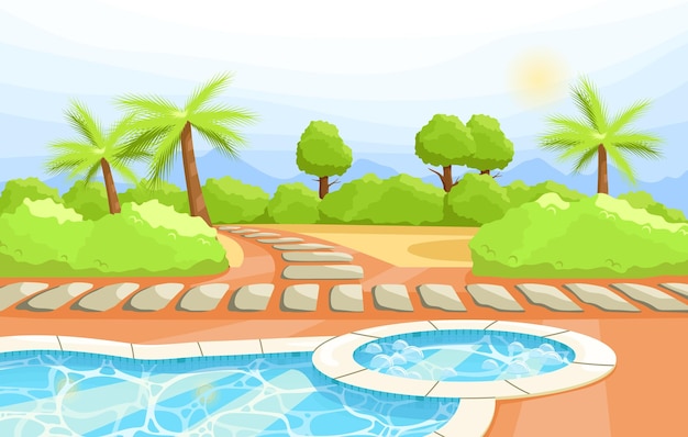 Tropisch eilandhotel met zwembad Leeg zwembad met zandstrand Exotisch zeeresort met blauw water in zwembad Landschap op achtergrond Luxe oceaanvakantie poster Platte vectorillustratie