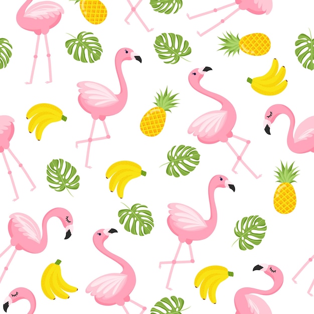 Tropisch flamingopatroon naadloze decoratieve achtergrond met flamingo en tropisch fruit