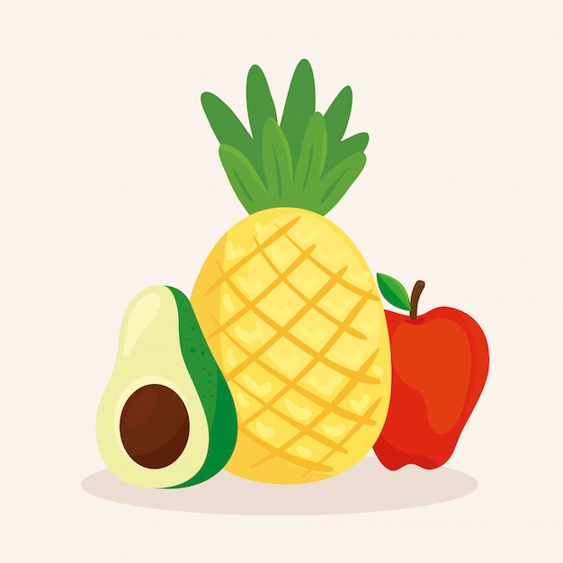 Tropisch fruit en groente, ananas, rode appel en avocado