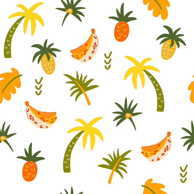 Tropisch fruit en palmen naadloos patroon Palmbladeren, bananen, ananassen Vectorillustratie