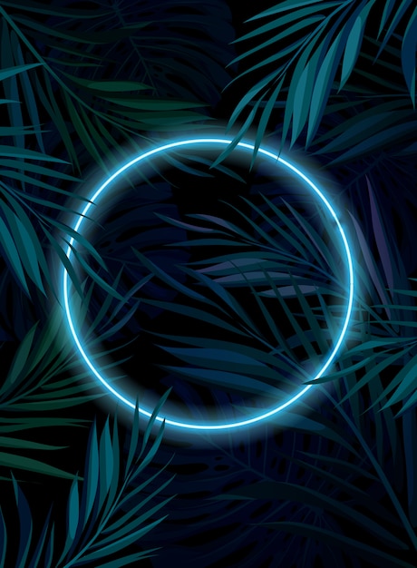 Tropisch gloeiend neonframe. donkere nacht jungle palmbladeren. zomer achtergrond illustratie.