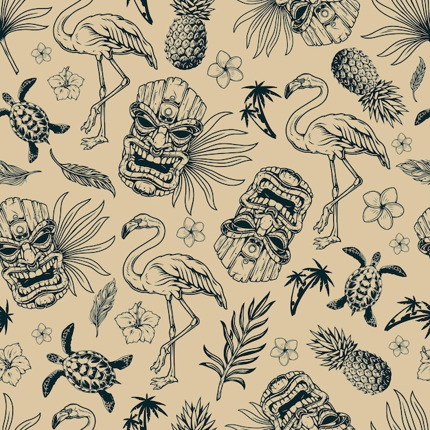 Tropisch hawaiiaans vintage naadloos patroon met flamingovogels en tiki-maskers