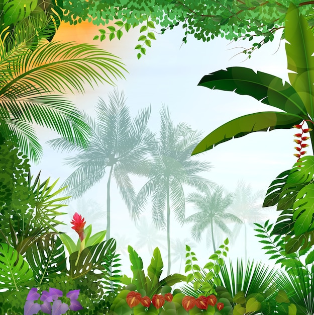 Tropisch landschap met palmbomen en bladeren