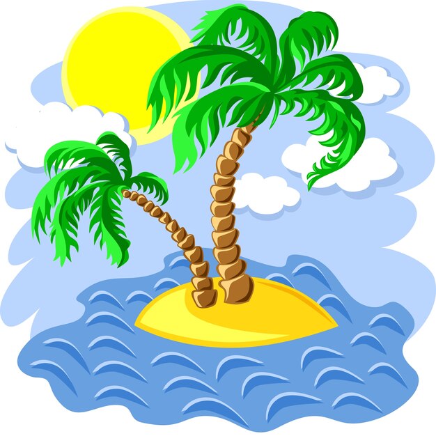 Vector tropisch landschap van het eiland in de oceaan en twee palmbomen om 12.00 uur
