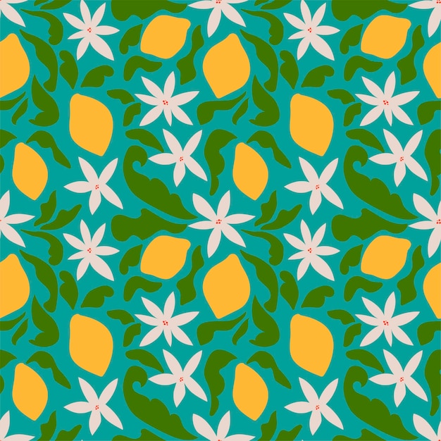 Tropisch naadloos patroon met gele citroenen en bloesem fruit herhaalde achtergrond vector heldere print voor stof of behang