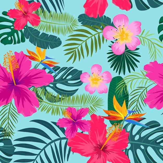Tropisch naadloos patroon met palmbladeren en bloemen. vector illustratie