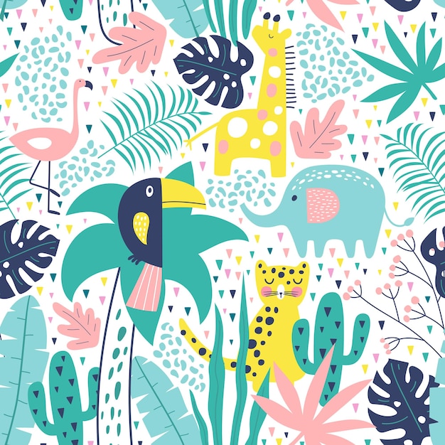 Tropisch naadloos patroon met toekan, flamingo's, tijger, olifant, giraf, cactussen en exotische bladeren.