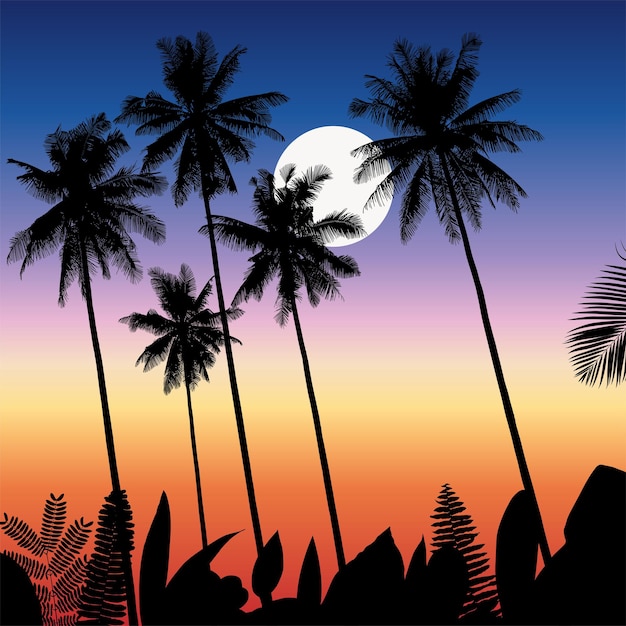 Tropisch nachtlandschap met palmbomen en maan vectorillustratie