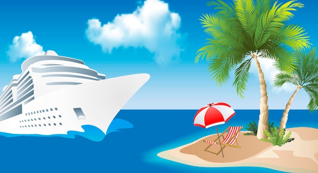 Tropisch paradijs. Cruiseschip in de buurt van het eiland met palmbomen en ligstoel in de Caribische Zee. Vroeg boeken van reizen. Reis spandoek. ruimte kopiëren. vector illustratie