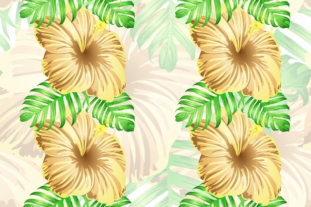 Tropisch patroon. Oranje groene exotische zomer bloem vector achtergrond. Schoonheidsfasion monstera, palmbladeren en hibiscusbloemen. Hawaiiaanse tropische jungle eindeloze print. Natuurlijk zwemkledingontwerp.