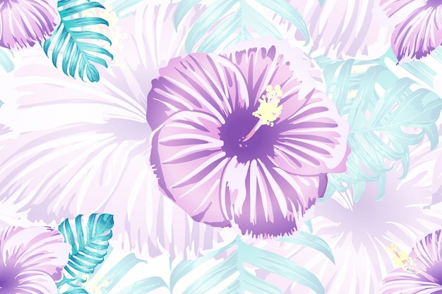 Tropisch patroon. Roze blauwe neon exotische zomer bloem vector achtergrond. Schoonheidsfasion monstera, palmbladeren en hibiscusbloemen. Hawaiiaanse tropische jungle eindeloze print. Natuurlijk zwemkledingontwerp.