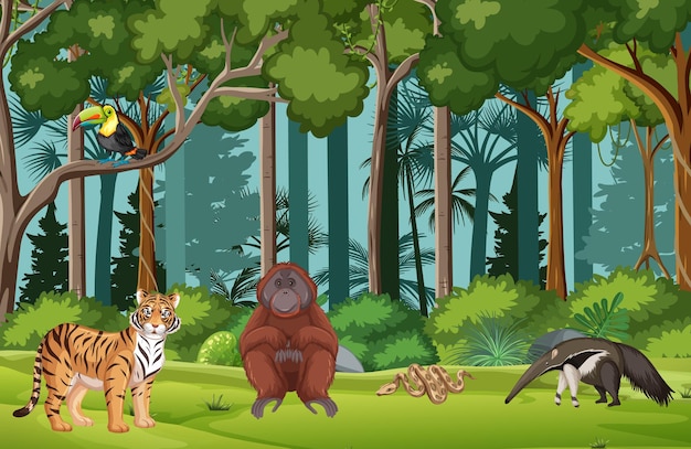 Tropisch regenwoudtafereel met verschillende wilde dieren