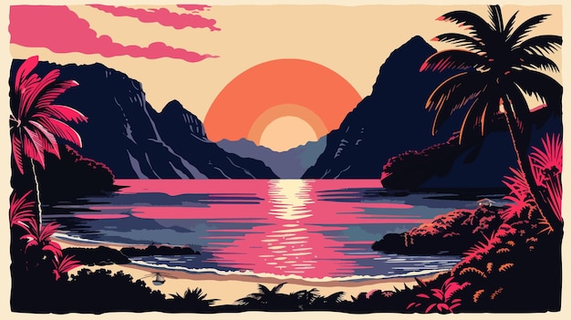 Tropisch strand met palmbomen en zonsondergang vector illustratie