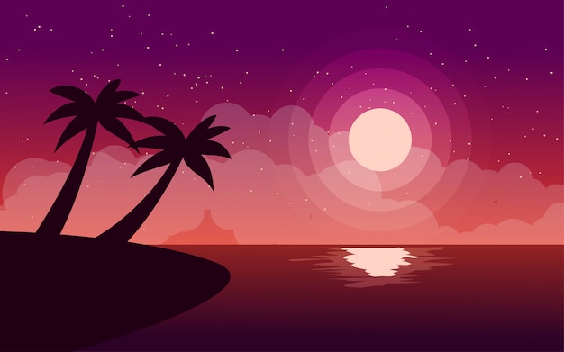 Tropisch strand nacht landschap met volle maan