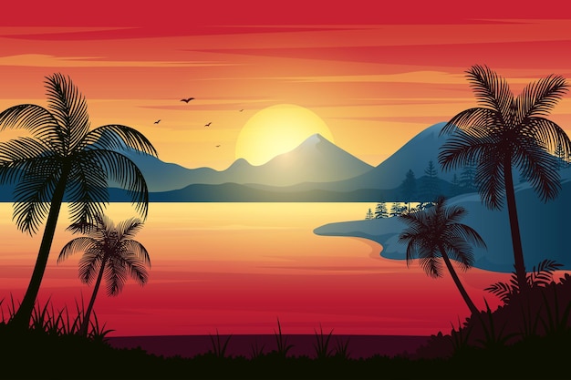 Vector tropisch zonsondergangstrand met palmbomen heldere lucht en bergen