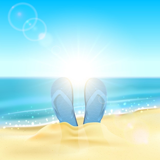 Tropische achtergrond met blauwe slippers aan het zandstrand, illustratie.