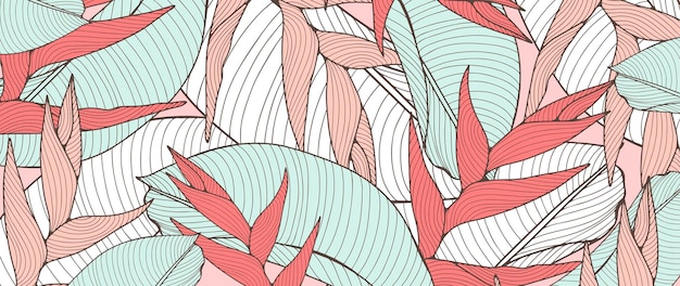 Vector tropische achtergrond met planten en bladeren in zachte turquoise en roze tinten