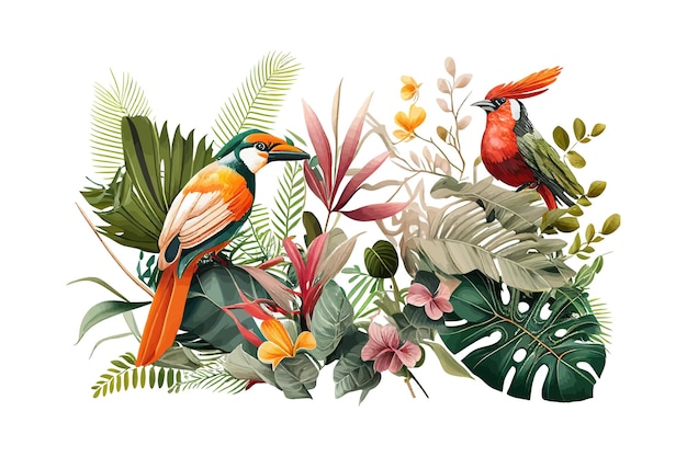 Tropische achtergrond met planten en vogels Vector illustratie design