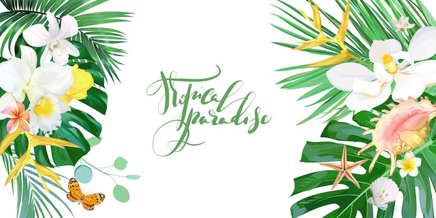 Tropische banner met bloemen en schelpen. vector sjabloon.