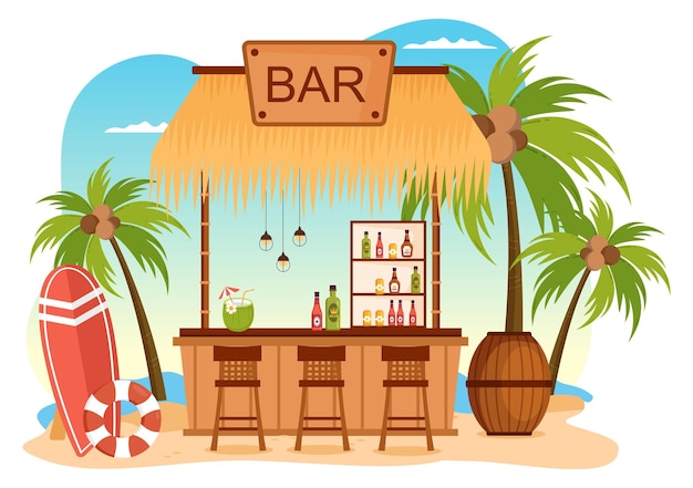 Vector tropische bar of pub op het strand met flessen alcoholische dranken in platte cartoonillustratie