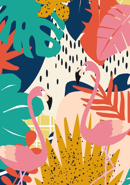 Tropische bloemen en bladeren poster achtergrond met flamingo's Kleurrijke zomer vectorillustratie