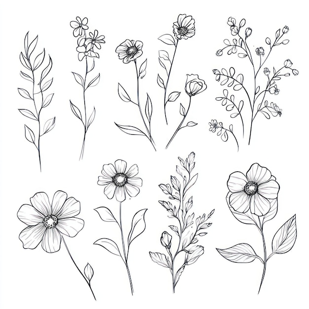 Tropische bloemen en bladeren schets Mooie bloemlijn vector illustratie