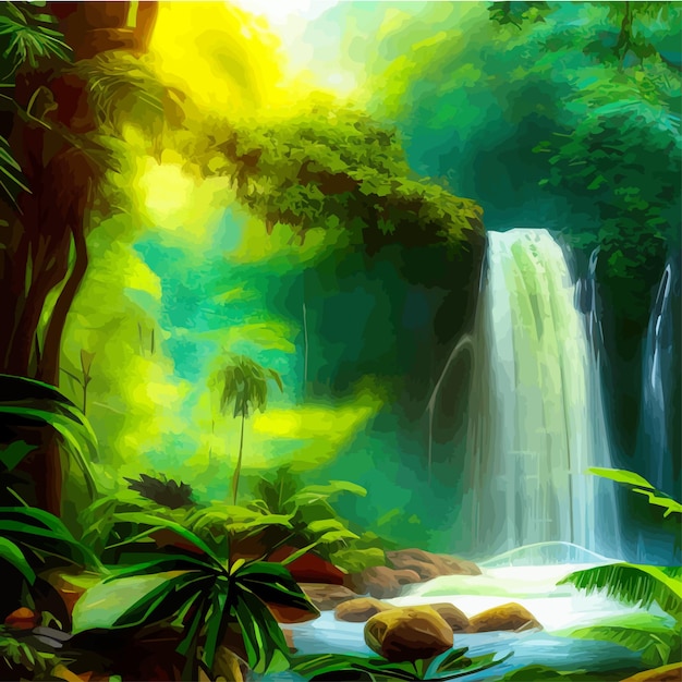 Vector tropische botanische landschap vectorillustratie met watervallen en palmbomen bloemenachtergrond