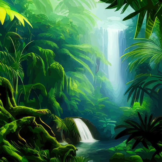 Tropische botanische landschap vectorillustratie met watervallen en palmbomen bloemenachtergrond