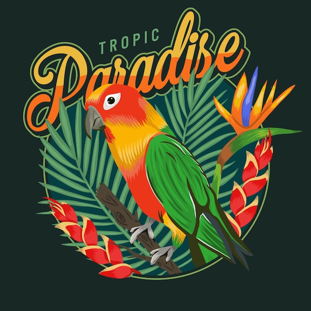 Vector tropische etiketten met papegaai en heliconia strelitzia bladeren palm geïsoleerde vector embleem voor tshirts