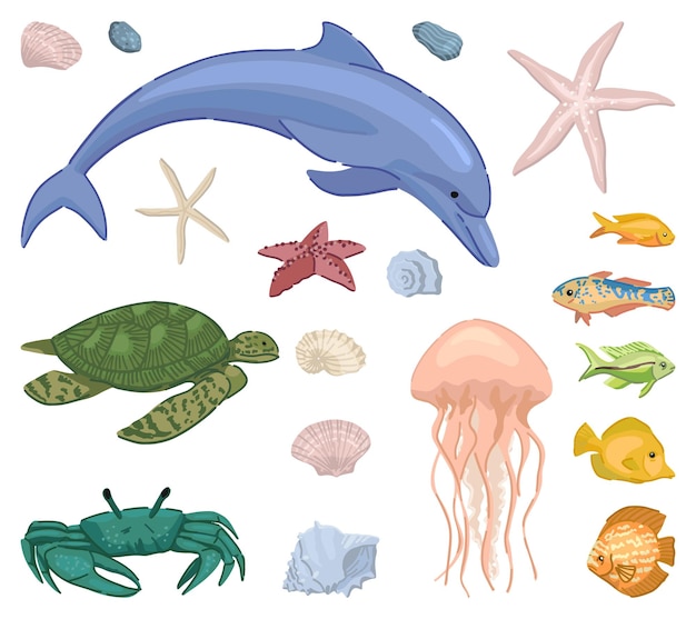 Tropische fauna doodles set Collectie exotische vissen zee dieren Kleurige vector illustratie cartoon