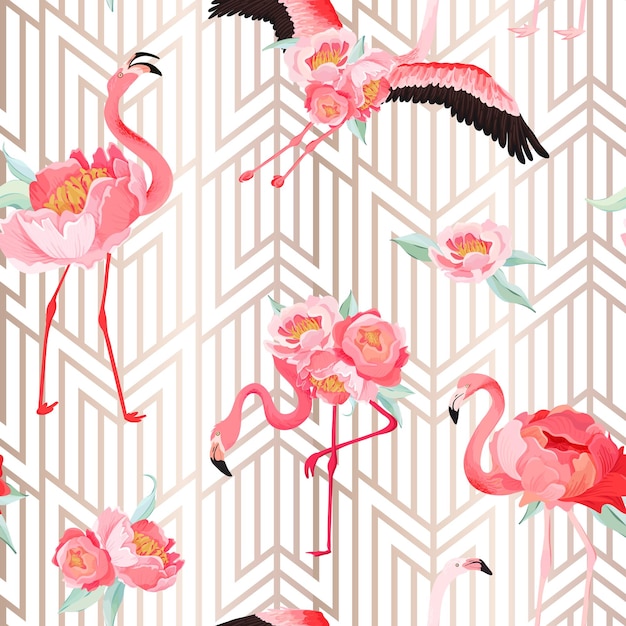 Tropische flamingo naadloze vector zomer patroon met pioenroos bloemen en art deco achtergrond. floral en bird graphic voor behang, webpagina, textuur, textiel, backdrop